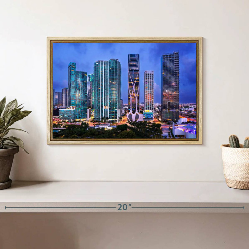 Vue aérienne du centre-ville de Miami, Cadre flottant en bois naturel, 13 po x 9 po