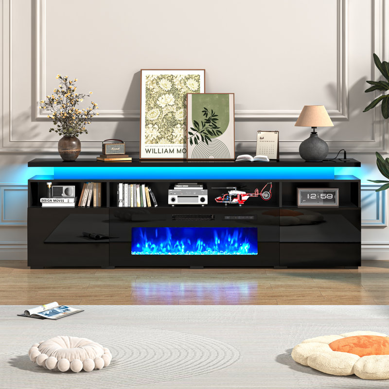 82.6" Fireplace Tv Stand For Tvs Up To 95 In, High Gloss Media Console With 40" Electric Fireplace, LED Lights and Charging Station, Fireplace Entertainment Center For Living Room, Black