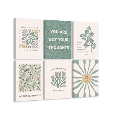 Mental Health Wall Art Therapy Office Canvas Wall Decor Green Motivational Posters Prints Boho Inspirational Quote Pictures Positive Psychology Artwork For Classroom 12X16 Inch Wrapped Canvas 6Pcs