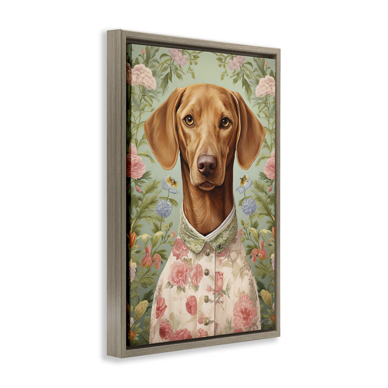 Toile flottante encadrée «Tropical Florals Dog» par Roozbeh Bahramali, Cadre flottant orme Montalcino, H 31 po x l 21 po