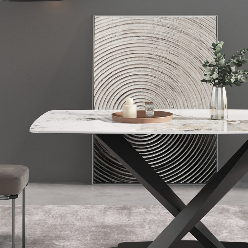 Table de salle à manger en pierre frittée de 70,04 po de long avec surface blanche et pieds en métal noir pouvant accueillir de 6 à 8 personnes