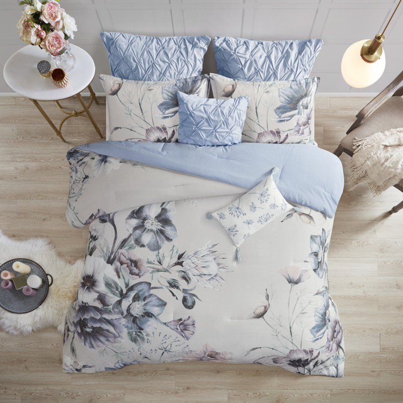 Édredon très grand 8 pièces - coton imprimé bleu, aspect chic décontracté et literie lavable à la machine, imprimé coton, avec jupe de lit Euro