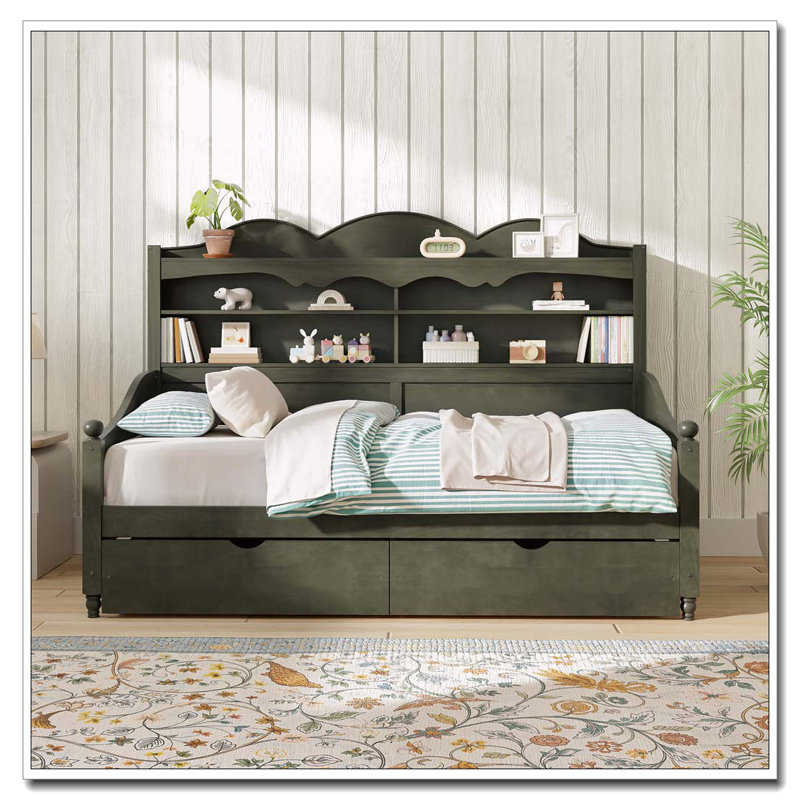 Twin Daybed With Storage Drawers With Storage Headboard Shelving, Antique Grey