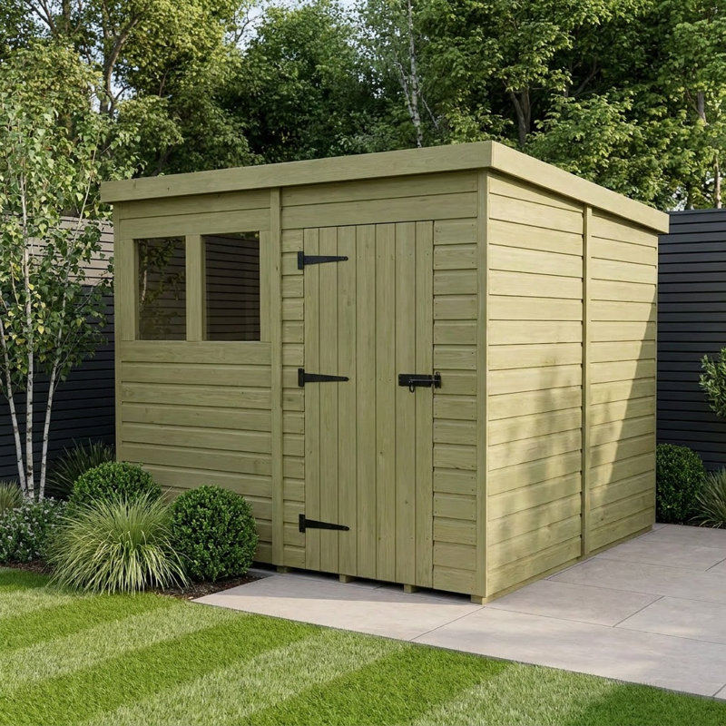 Total Sheds 8ft x 8ft Pent Garden Shed - Single Door - With Windows - Pressure Treated Timber - UK Manufactured