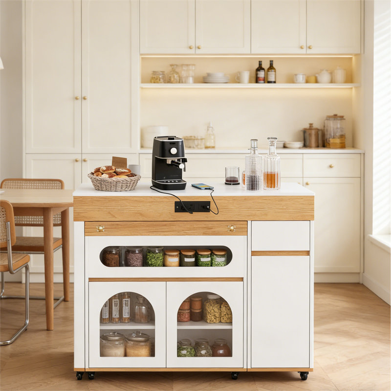 Extendable Kitchen Island with Extra-Long Folding Top, Natural