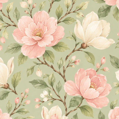 Papier peint pelez et collez, pivoine rosée, magnolia, vert tendre floral, l 17,7 po x H 118 po, papier peint amovible et adhésif pour les chambres de bébé