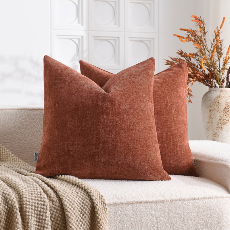 Soft Textured Slub Chenille Solid Cushion Cover Cozy Neutral Farmhouse Decorative Pillow Covers, Rust, Square 20"