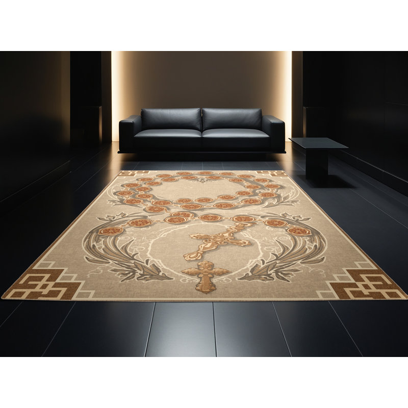 Tapis oriental classique Bates lavable à la machine en brun - reliure beige, 4 x 6
