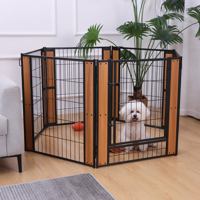 31.5'' H 6 Panel Metal Exercise Pen With Pet Door Outside Use, Brown