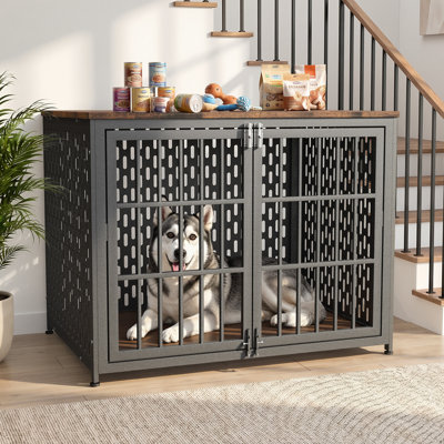 YOKWOK 42 Inch Furniture-Style Dog Crate for Large Dogs, Heavy Duty Thick Metal Dog Cage with Water Resistant Top & Safe Lock, Chew-Proof & Escape-Proof Large Indoor Dog Kennel, Brown