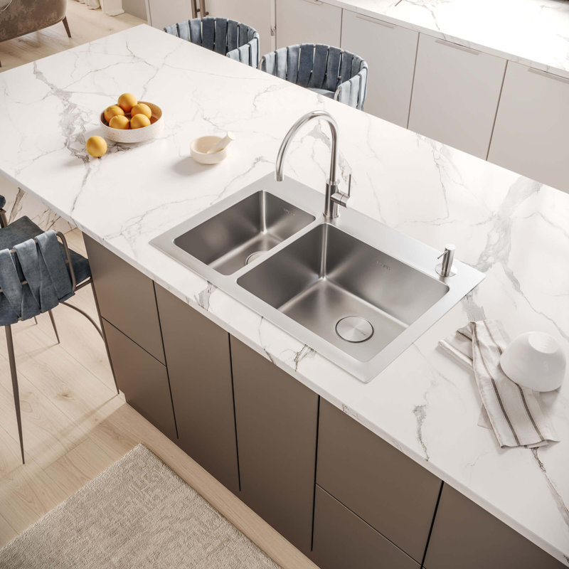 Ruvati 33 x 22 inch Drop-in Topmount Kitchen Sink 16 Gauge Stainless Steel, 30/70 Double Bowl