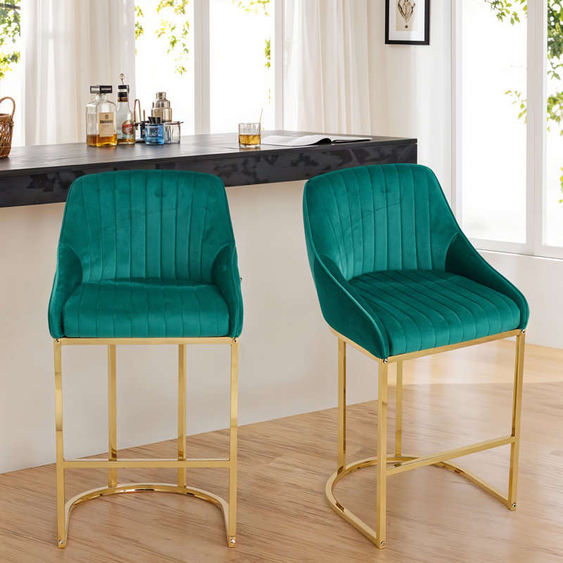 Upholstered Counter Stool with Metal Frame, Green