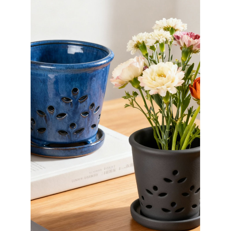  Leaf Breeze Glazed Ceramic Planter – Gloss Black & Blue Indoor Pots With Drainage Hole & Matching Saucer For Orchids, Succulents & Houseplants, Bundle Of 2
