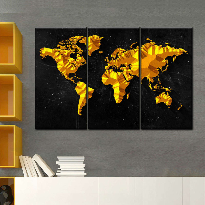 Ensemble de 3 mappemonde dorées sur toile, H 24 po x l 38 po x P 1,25 po