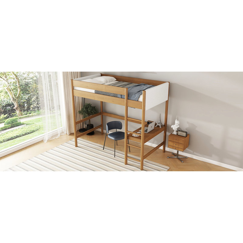 Lit mezzanine simple naturel avec bureau et espace de vie confortable - Esthétique de chambre à coucher rembourrée
