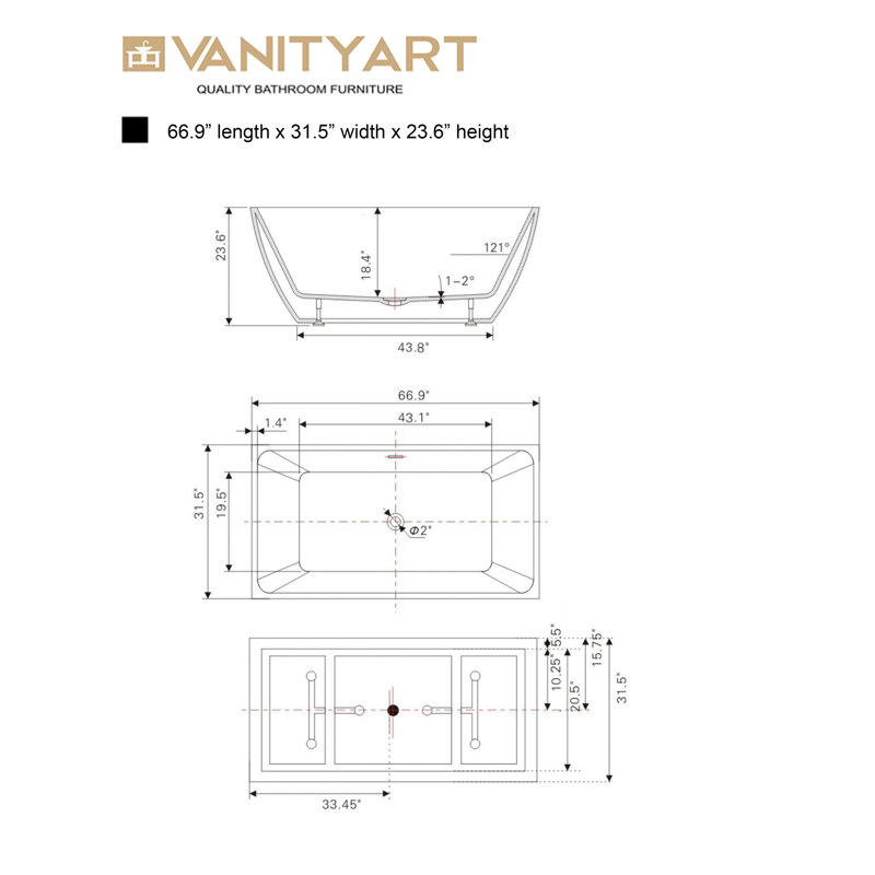 66.9" x 31.5" Freestanding Soaking Bathtub, White/Integrated Overflow