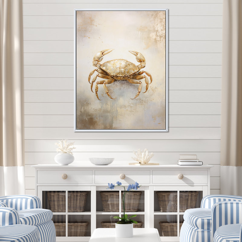 Minimalisme crabe, peinture III sur toile, Cadre flottant blanc, H 44 po x l 34 po x P 1,5 po