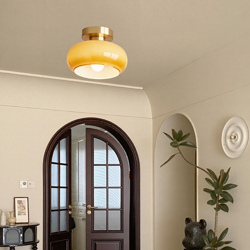 Glass Semi Flush Mount Yellow, 9.84" H x 11.02" W x 11.02" D