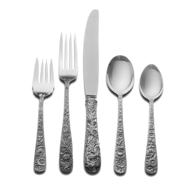Ensemble de couverts en argent sterling 5 pièces Repousse, service pour 1