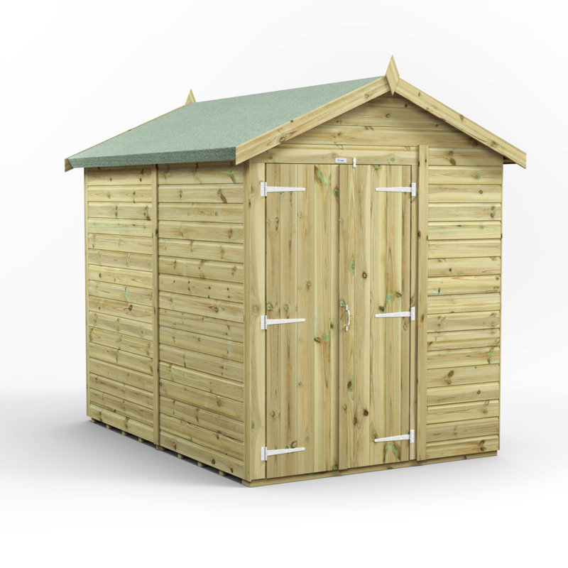 Powersheds 8 x 6ft Premium Pressure Treated Timber Windowless Apex Garden Shed, Double Doors