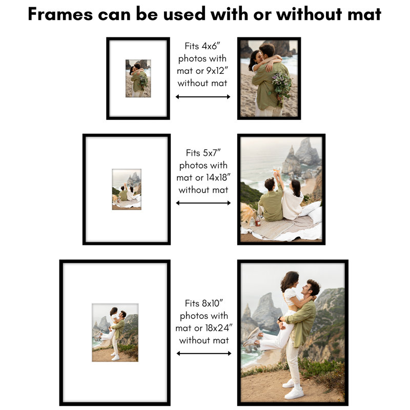 Set of 3 Picture Frames - Gallery Wall Frame Set with One 18x24 Frame with 8x10 Mat, One 11x14 Frame with 5x7 Mat and One 9x12 Frame with 4x6 Mat - Black