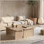 Ensemble de 2 tables basses modulables en travertin, ensemble de tables gigognes en forme de L pour petits espaces et salons, beige crème