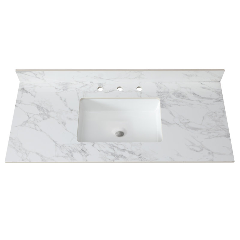 Comptoir de salle de bain en pierre frittée 49 po x 22 po - Blanc, lavabo rectangulaire encastré en céramique, et fascinant, 3 trous de robinet, convient à une armoire de l 48 po x P 21 po, installation facile avec meuble-lavabo à dosseret