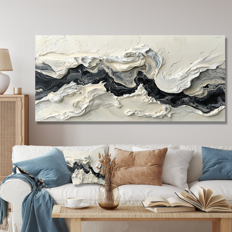 Marbre moderne, transfert de l'encre monochrome V - art mural abstrait en marbre, Toile tendue sur cadre, H 28 po x l 60 po