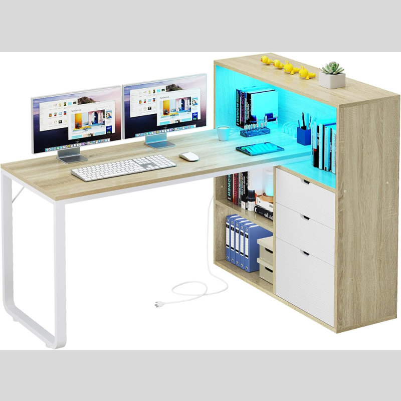 Broly 55'' L Shaped Desk with Power Outlets, Bookshelf & LED Light, Oak/White
