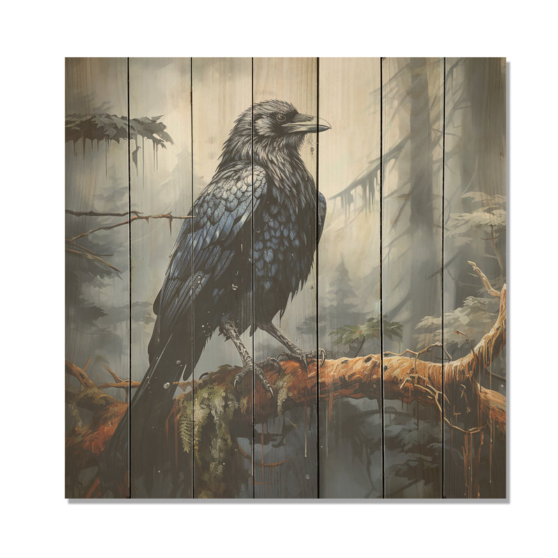 Black Raven Forest Guardian II - Animal corbeau sur bois, H 30 po x l 30 po