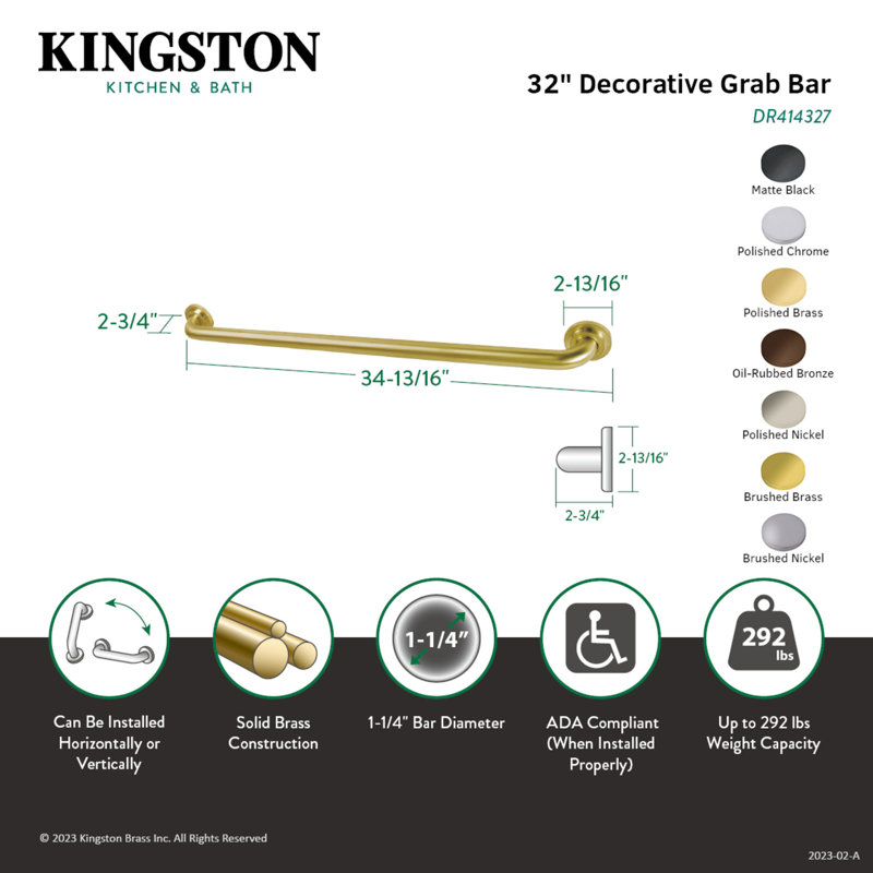 Kingston Brass Manhattan 1-1/4 Inch O.D Grab Bar, 30" W, Polished Brass