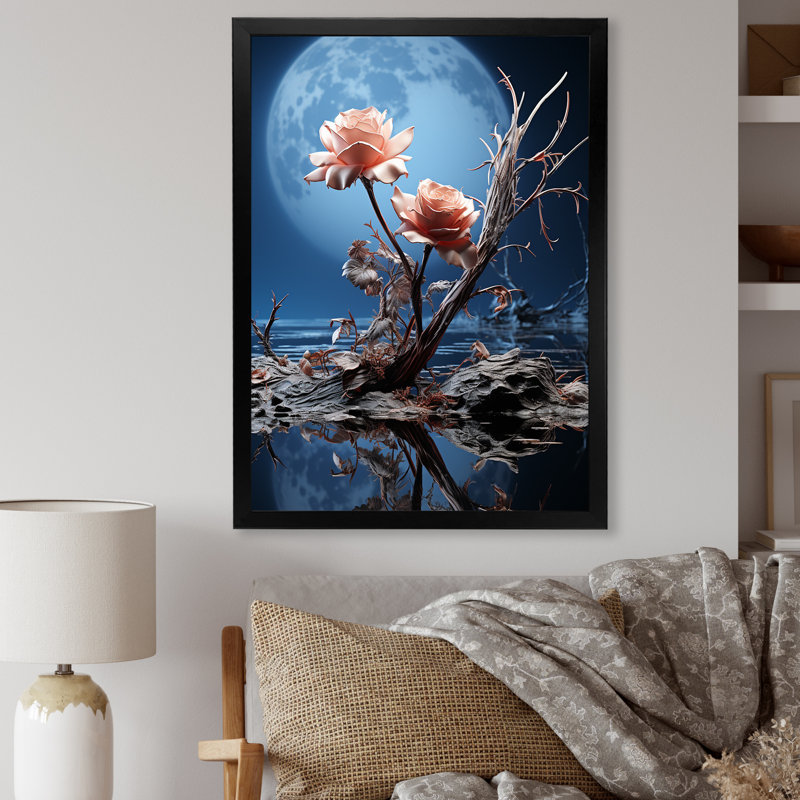 «Moonlit Flower Serenity Blooms II - Rose», art mural, Cadre flottant blanc, H 20 po x l 12 po x P 1 po