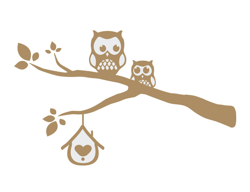 Décalcomanie murale owls sur une branche, H 24 po x l 40 po x P 0,01 po, Brun pâle