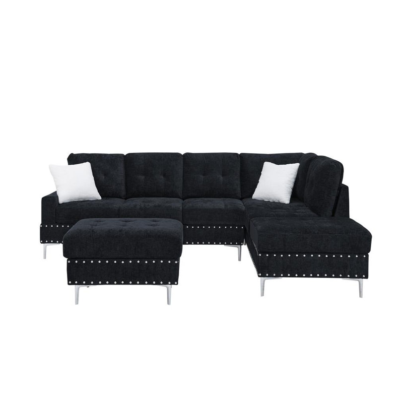 102'' Upholstered Sectional Sofa with Ottoman, Navy Blue
