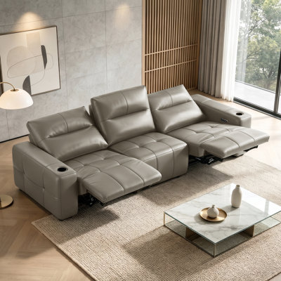 Genuine Leather Power Reclining Sofa With Cup Holders, 3-Seater Modular Couch with USB Charging Ports, Khaki
