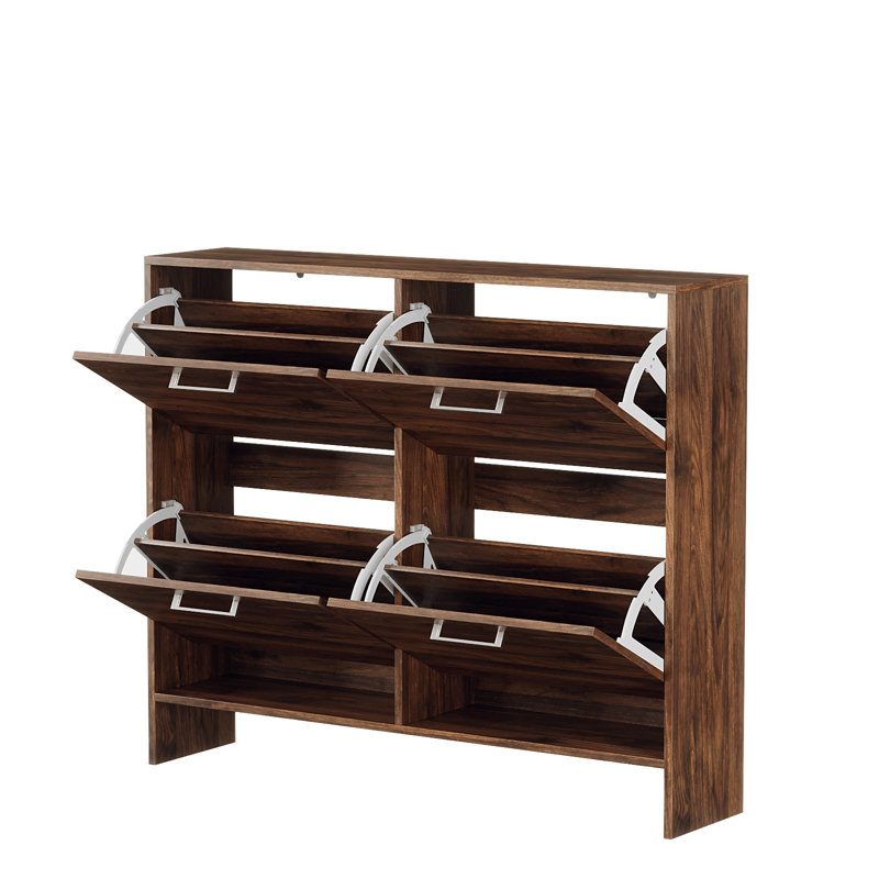 42" W 4-Flip Drawer Flat Top Shoe Cabinet With Silver Metal Handles, Walnut