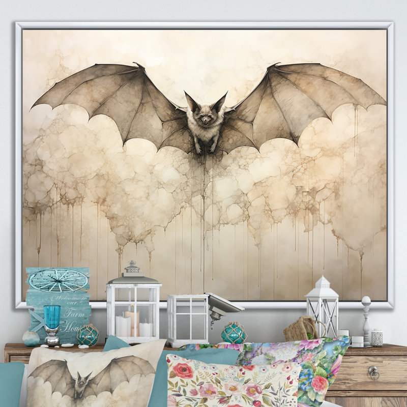 Ailes ouvertes de chauve-souris beiges sur toile, H 24 po x l 32 po x P 1 po, Cadre flottant blanc