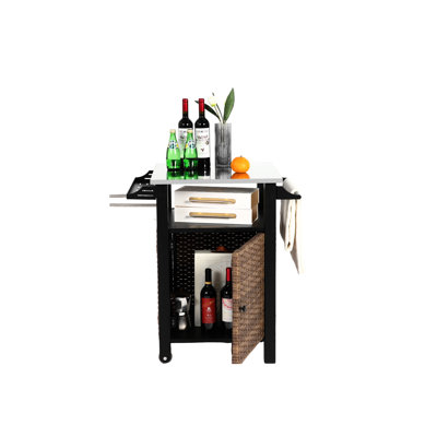 Chariot de rangement extérieur roulant: îlot avec plateau en acier inoxydable, plateau de table brun et armoire