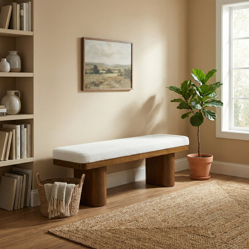 Lindeno 55" Modern Farmhouse  Upholstered Bench with Solid Rubber Wood Legs, Beige Chenille