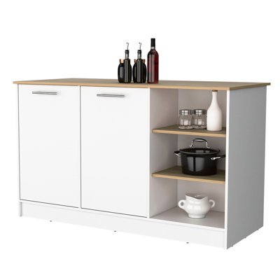 3 Open Shelves Kitchen Island In White And Ash For Spacious Storage Cart With Ample Space Kitchenware