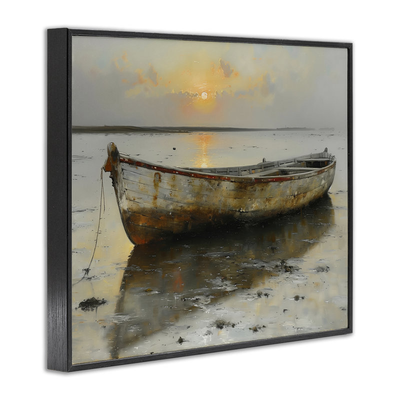 «Beached Boat at Sunset», estampe numérique, design par Arlington Prints, H 11 po x l 14 po, Giclée encadrée noir minuit