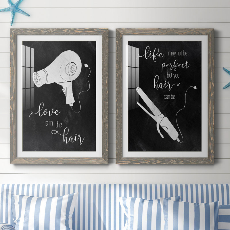 «Love the cheveux» - ensemble de 2 impressions, H 37,5 po x l 55 po x P 1,5 po, Cadre en papier gris, Blanc