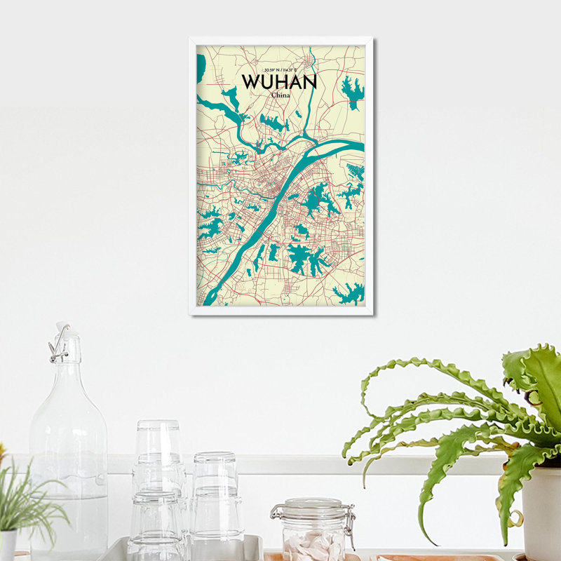 Carte de la ville de Whan, impression, H 17 po x l 11 po, Vert / beige