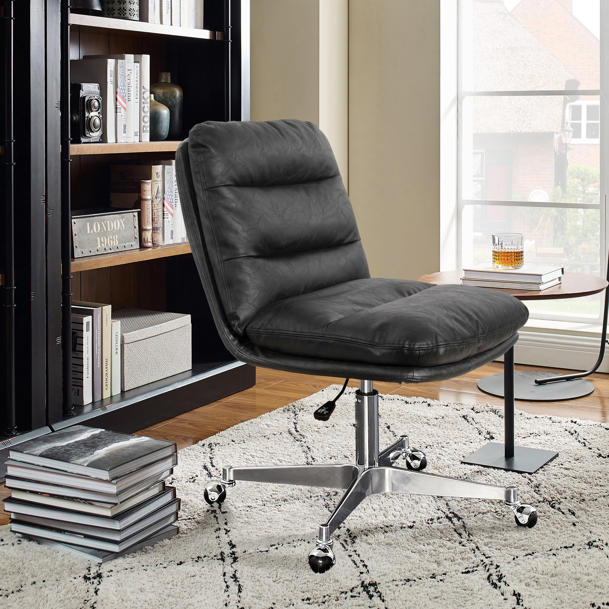 Paynesville Swivel Office Task Chair with Wheels, Faux Leather, Black