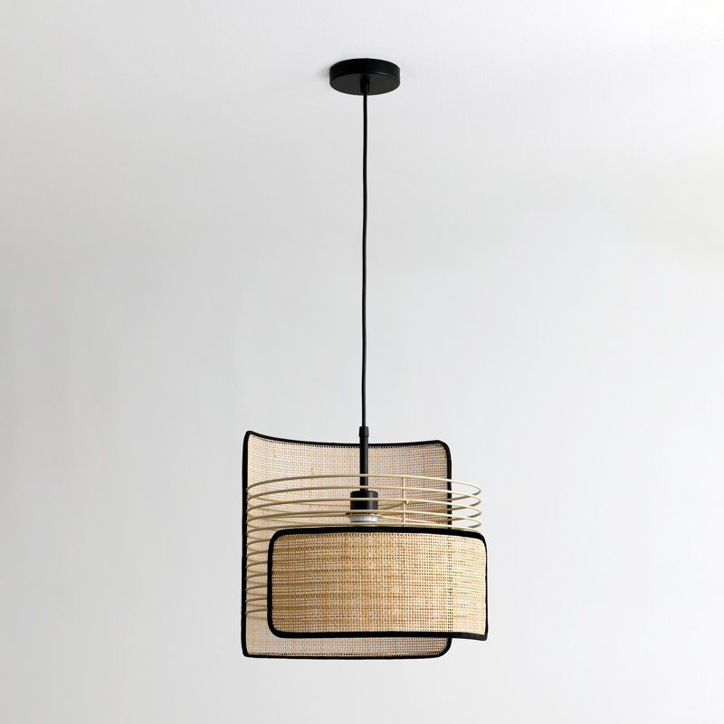  1 - Light Unique Boho Pendant with Wood Bamboo Wicker Accents