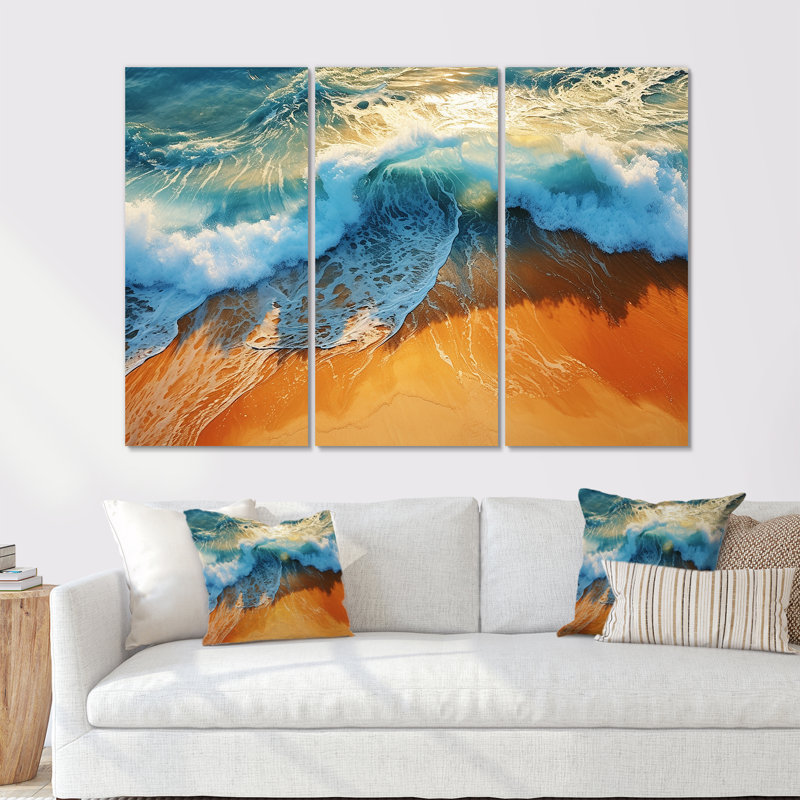 Bleu et orange, vue aérienne rétro de plage I - art mural plage, Toile tendue, H 40 po x l 61 po x P 1 po