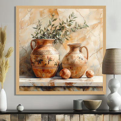 Peinture sur céramique orange et verte - Nature morte grecque à l'amphore III - Tableau bohème encadré