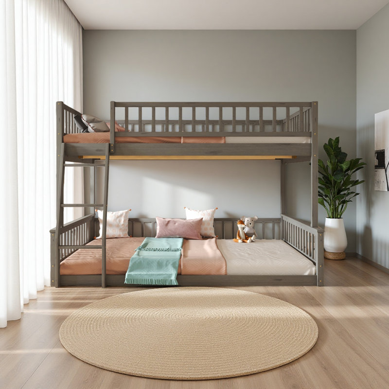 Full XL Over Queen Bunk Bed With Ladder And Guardrails, Gray