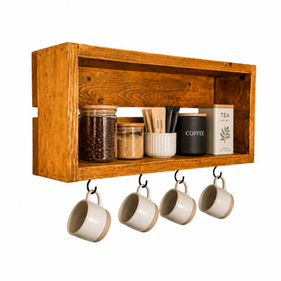 Rustic Mug Holder with Storage Hooks Coffee/Tea Bar Wall Organizer