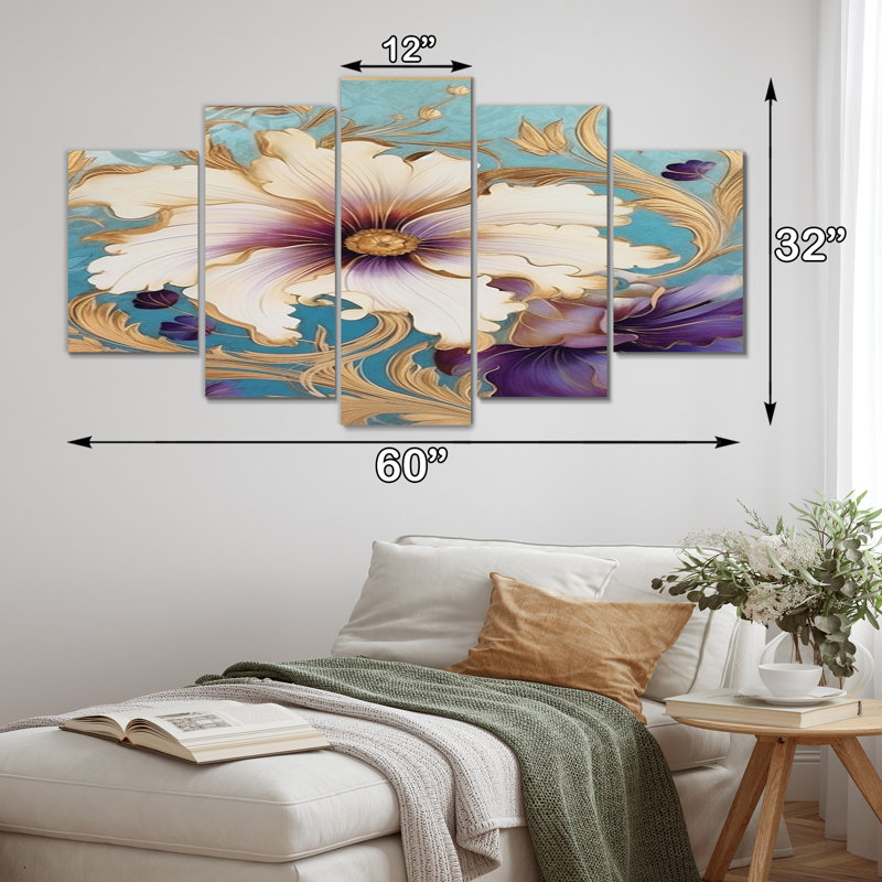Brayley - collage rétro en fleurs de chrysanthème blanc I - impression sur toile fleurs sauvages - 5 panneaux